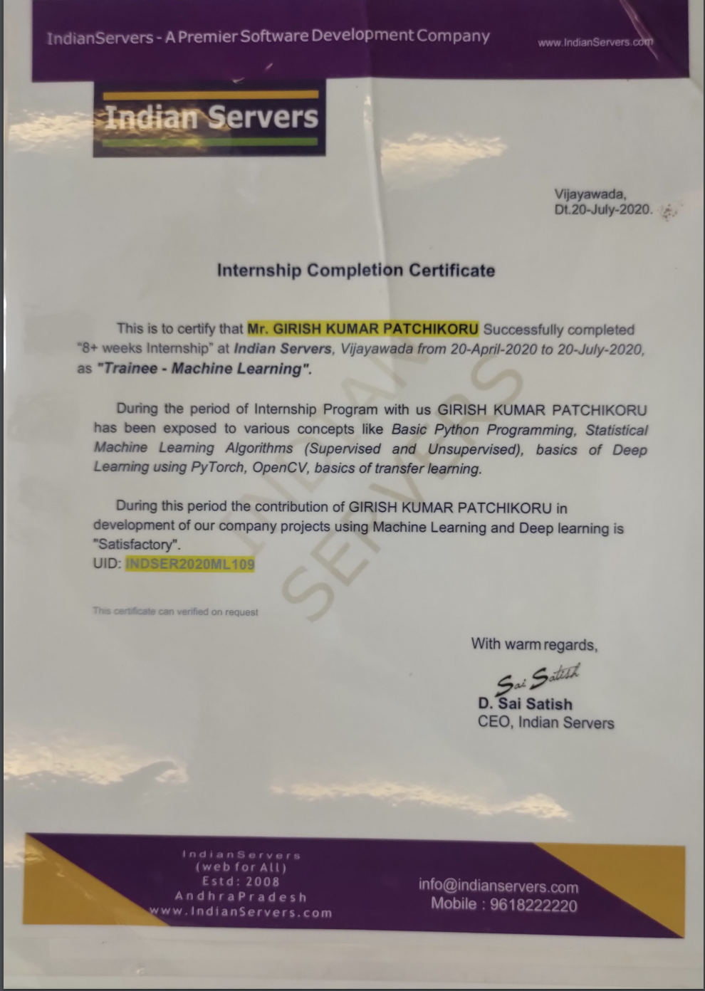 Indian Servers Certificate