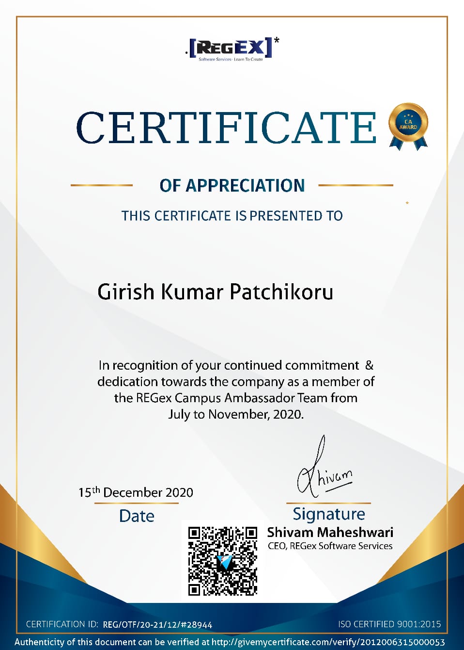 REGex Software Services Certificate